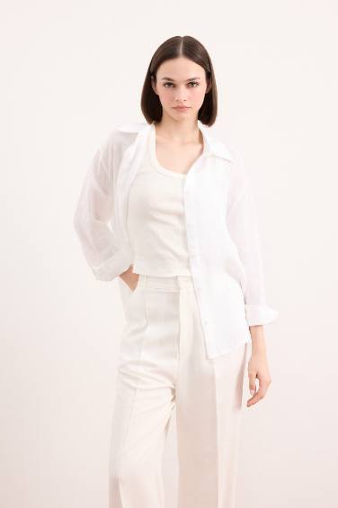 %100 Keten Oversize Geniş Kalıp Uzun Kollu Beyaz Gömlek