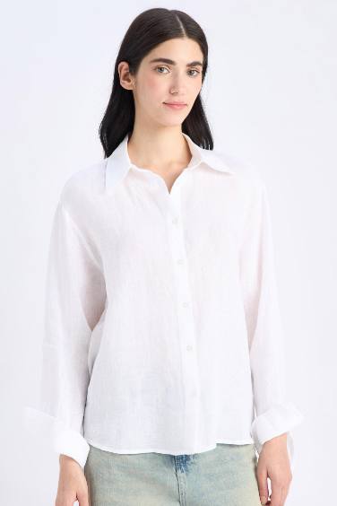 %100 Keten Oversize Geniş Kalıp Uzun Kollu Beyaz Gömlek
