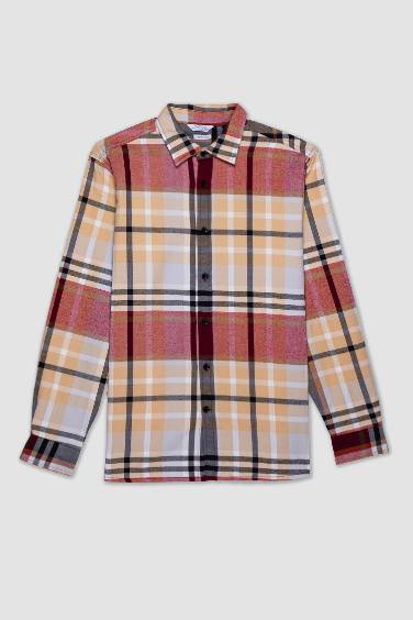 Regular Fit Polo Collar Plaid Flannel Long Sleeve Shirt