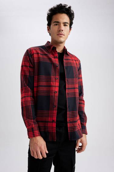 Regular Fit Polo Collar Flanel Plaid Long Sleeve Shirt