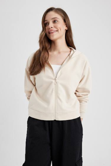 Standard Fit Hooded Basic Zippered Sweatshirt