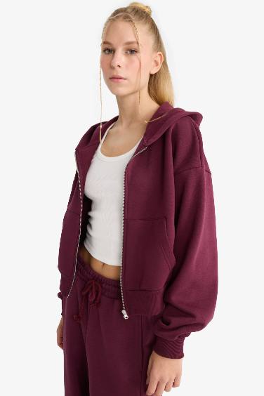 Coool Cropped Fit Kapüşonlu Kalın Fermuarlı Sweatshirt