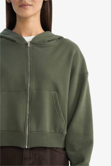 Crop Hooded Thick Sweatshirt Fabric Cardigan