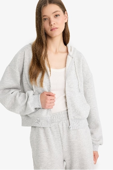 Coool Standart Fit Kapüşonlu Basic Düz Kanguru Cepli Fermuarlı Sweatshirt