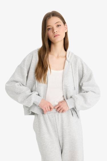 Coool Standart Fit Kapüşonlu Basic Düz Kanguru Cepli Fermuarlı Sweatshirt