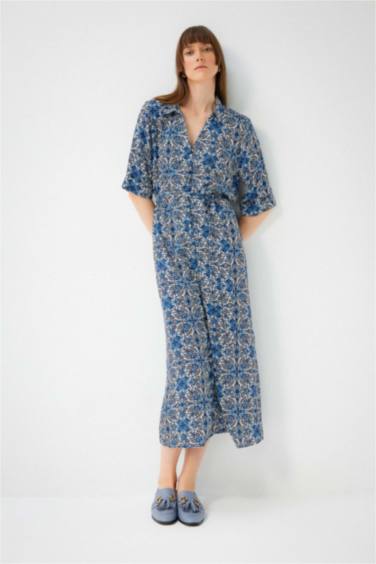 Shirt Collar Patterned Maxi Short Sleeve Dress