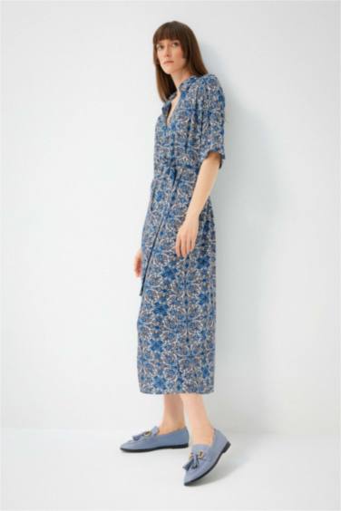 Shirt Collar Patterned Maxi Short Sleeve Dress