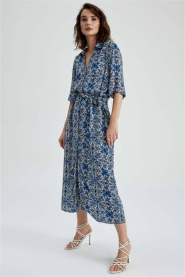Shirt Collar Patterned Maxi Short Sleeve Dress