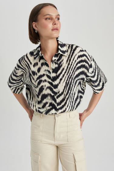 Oversize Fit Shirt Collar Viscose Printed Short Sleeve Shirt
