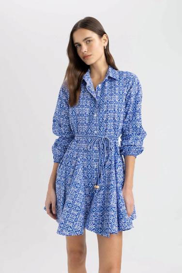 Shirt Collar Printed Terry Cotton Mini Dress