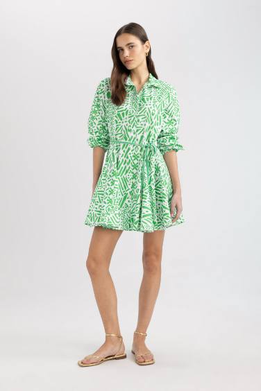 Shirt Collar Printed Terry Cotton Mini Dress