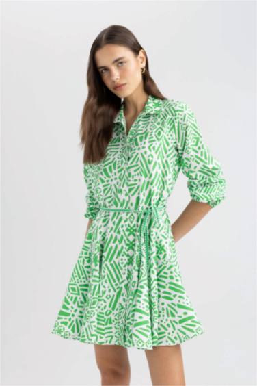 Shirt Collar Printed Terry Cotton Mini Dress
