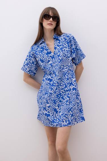 Shirt Collar Floral Terry Cotton Mini Short Sleeve Dress