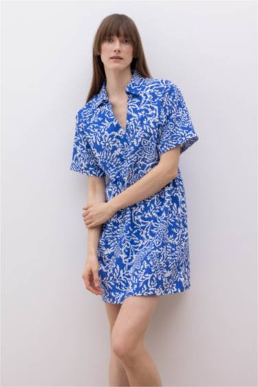 Shirt Collar Floral Terry Cotton Mini Short Sleeve Dress
