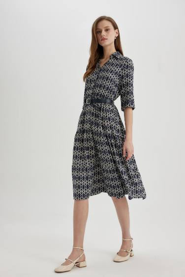 Shirt Collar Printed Half Sleeve Midi Dress