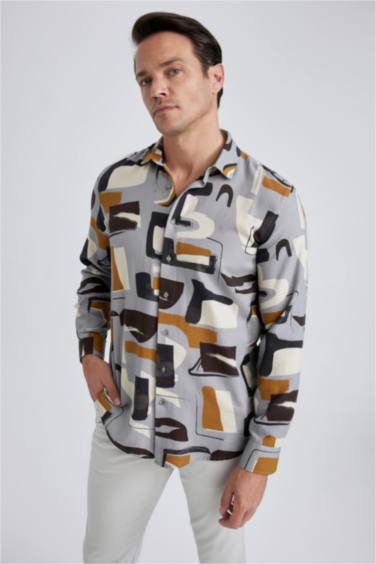 Patterned Textured Long Sleeve Cotton Shirt