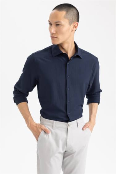 Modern Fit Polo Collar Crinkle Long Sleeve Shirt
