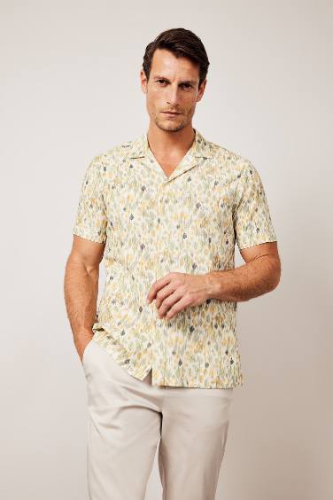 Modern Fit Polo Collar Patterned Linen Blend Shirt