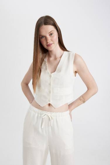 Gilet Blazer Blanc en Mélange de Lin Coupe Régulière