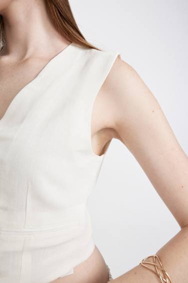 Regular Fit Linen Blend White Blazer Vest