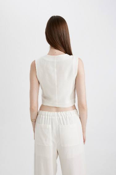 Regular Fit Linen Blend White Blazer Vest