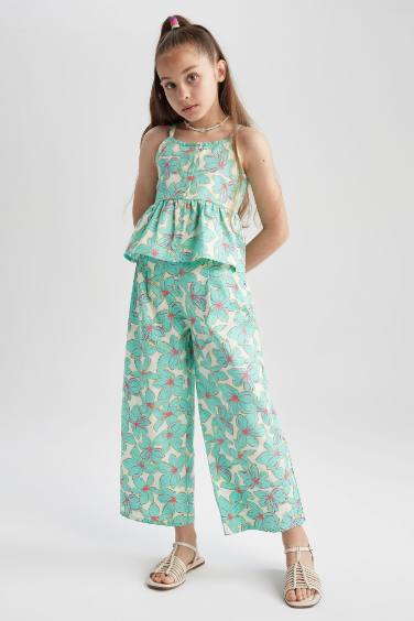 Girl Patterned Strappy Blouse Wide Leg Trousers Set of 2