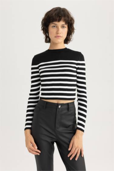 بلوفر تريكو مخطط سليم فيت بياقة مستديرة