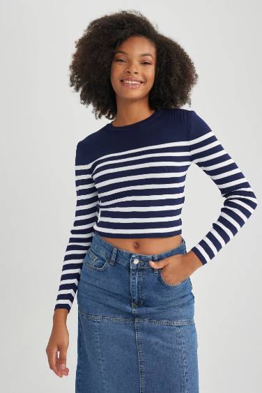 بلوفر مخطط سليم فيت بياقة مستديرة