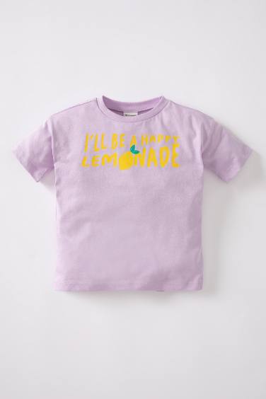 Baby Girl Regular Fit Crew Neck Slogan Printed Short Sleeved T-Shirt