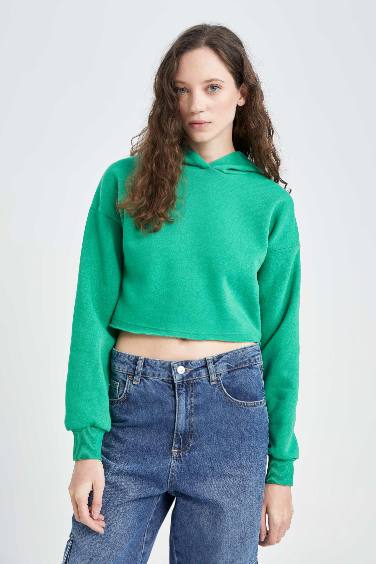 Kapüşonlu Basic Crop Basic Sweatshirt