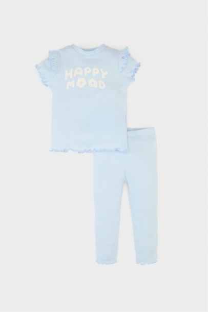 طقم تيشيرت بنات مطبوع و سروال بخصر مطاطي