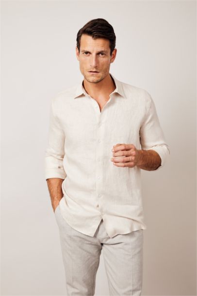 Рубашка приталенного кроя с длинным рукавом из 100% льна