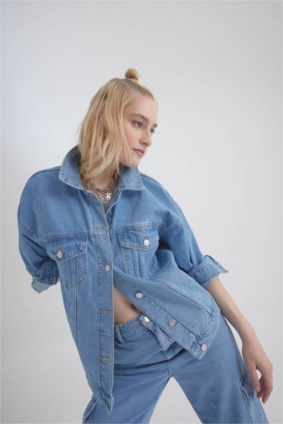 Oversize Fit Pocketed Cotton Denim Jacket