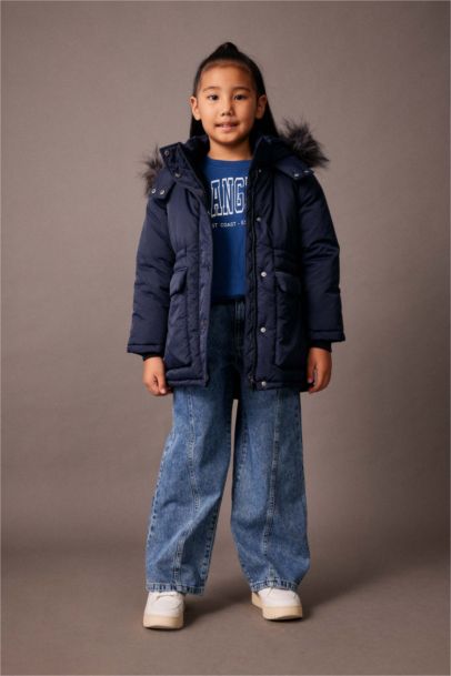 Girl Waterproof Hooded Removable Faux Fur Lined Puffer Jacket