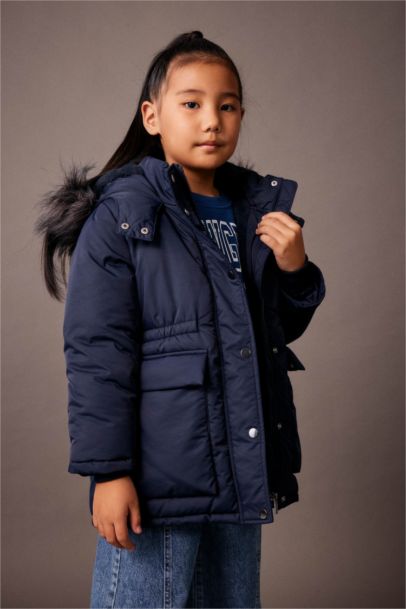 Girl Waterproof Hooded Removable Faux Fur Lined Puffer Jacket