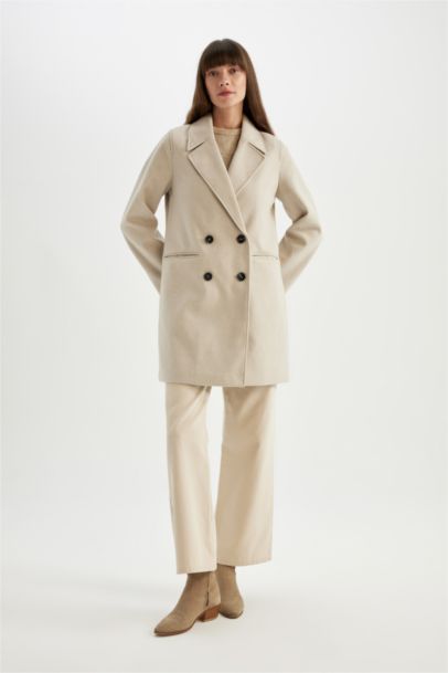 Rüzgar Geçirmez Uzun Kaşe Kaban Oversize Geniş Kalıp Kruvaze Yaka Düğmeli