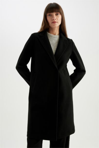 Regular Fit Kruvaze Yaka Çıtçıtlı Cepli Uzun Kaşe Kaban