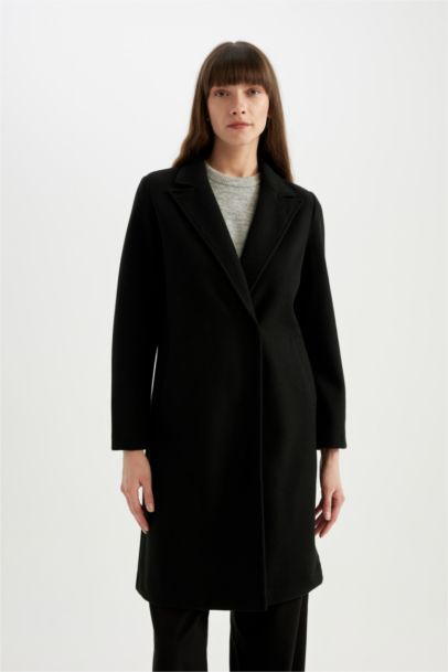 Regular Fit Kruvaze Yaka Çıtçıtlı Cepli Uzun Kaşe Kaban