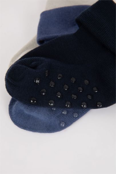 Erkek Bebek Kaydırmaz Tabanlı 3'lü Pamuklu Uzun Çorap