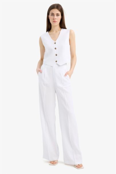 Wide Leg High Waist Linen Blend Trousers