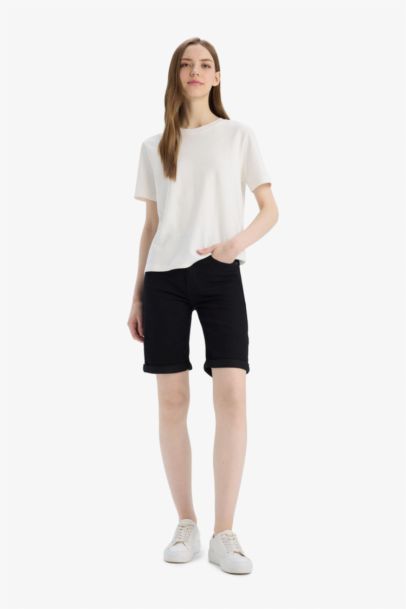 Normal Waist Folded Leg Denim Shorts