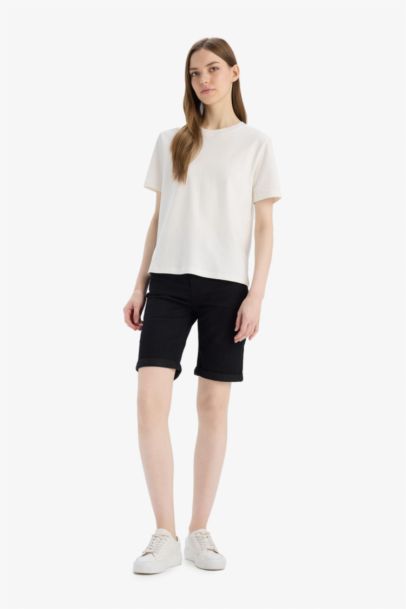 Normal Waist Folded Leg Denim Shorts