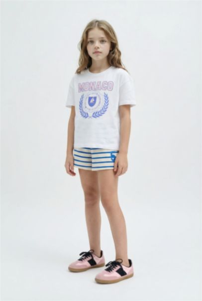 Beli Lastikli Çizgili Şort Kız Çocuk