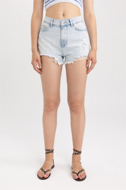 شورت قطن بخصر عالي بساق ممزق