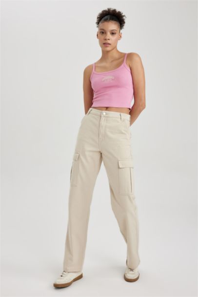 Straight Fit Cargo Gabardine Cotton Trousers