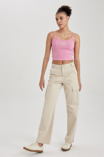 Straight Fit Cargo Gabardine Cotton Trousers