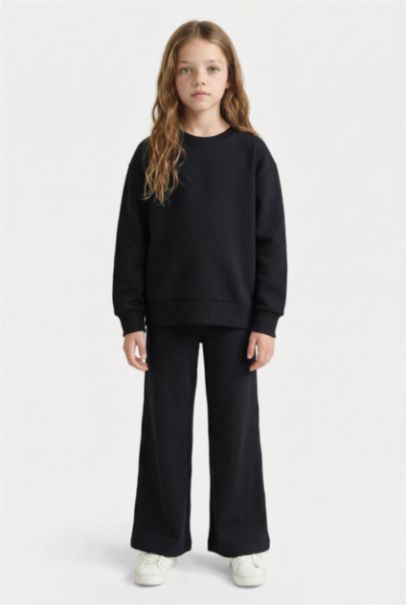 Relax Fit Bisiklet Yaka Basic Düz Okul Sweatshirt Kız Çocuk