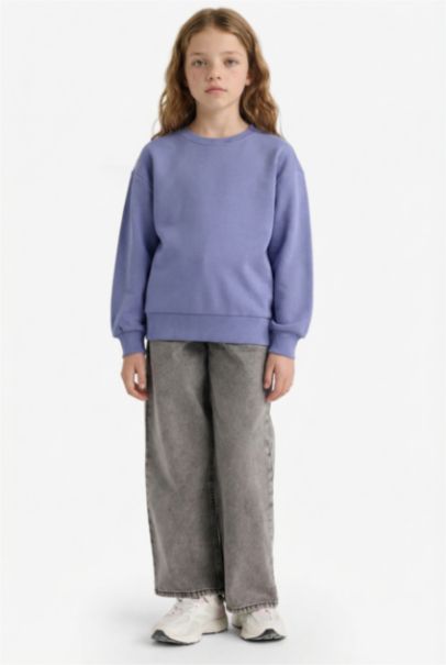 Relax Fit Bisiklet Yaka Basic Düz Okul Sweatshirt Kız Çocuk