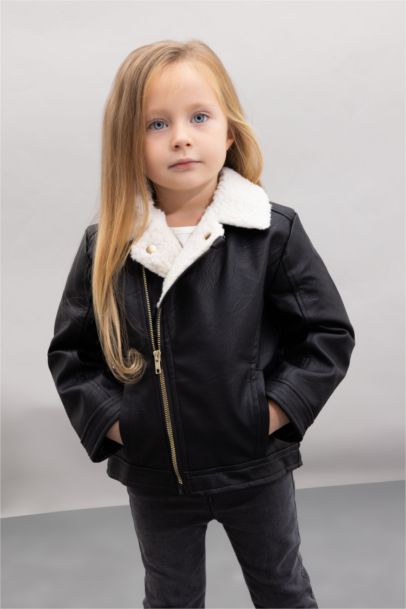 Baby Girl Plush Lined Faux Leather Waterproof Jacket
