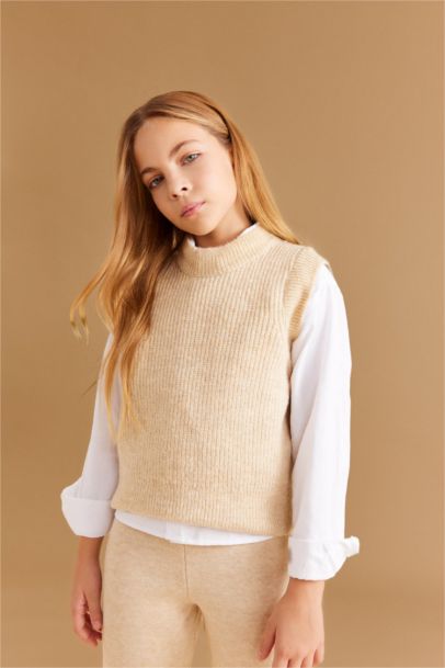 بلوفر تريكو كت بناتي قصة عادية بياقة مستديرة ميلانج بيج